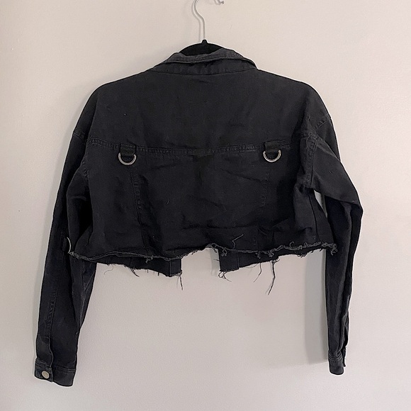 LF The Brand Crop Raw Hem Black Denim Jacket Punk size X-Small - Picture 4 of 11